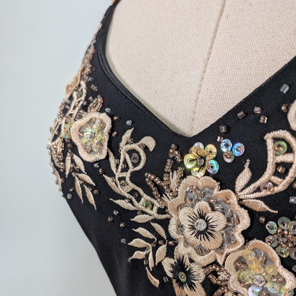Vintage Cache Silk Midi Dress 6 Slip Floral Embroidered 90S Y2K Black Tan Brown - Picture 3 of 13
